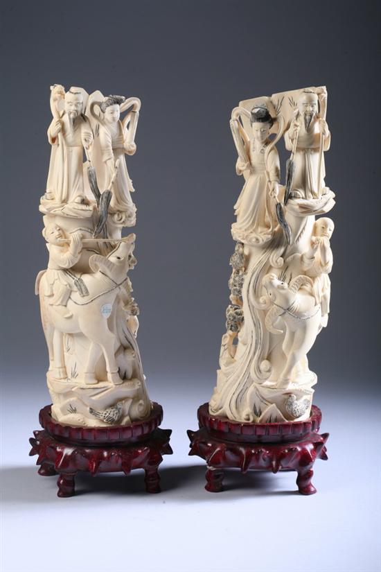 Appraisal: PAIR CHINESE CARVED IVORY FIGURAL GROUPS WITH WATER BUFFALO With