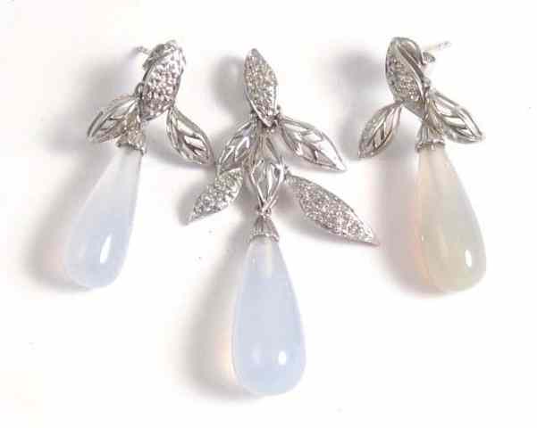 Appraisal: THREE ARTICLES OF CHALCEDONY JEWELRY including a pair of earrings