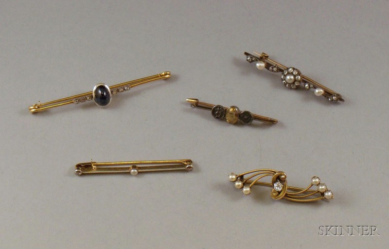 Appraisal: Five Antique Gold Gem-set Bar Pins no marks likely all