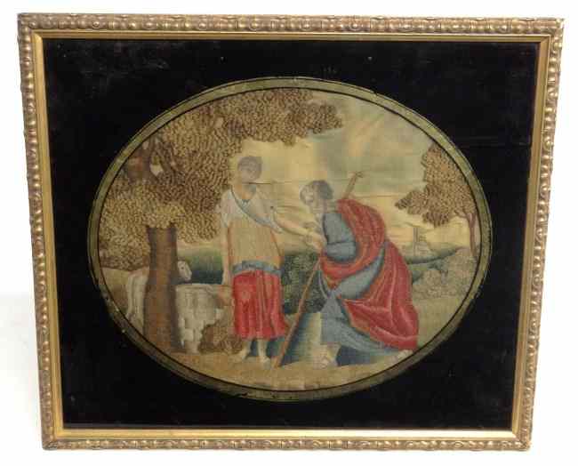 Appraisal: Early th c silkwork ''Rebecca At The Well'' Some splits