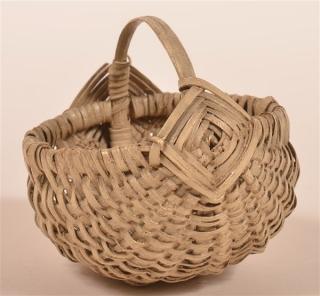 Appraisal: Woven Oak Splint Berry Basket Painted White Bentwood handle with