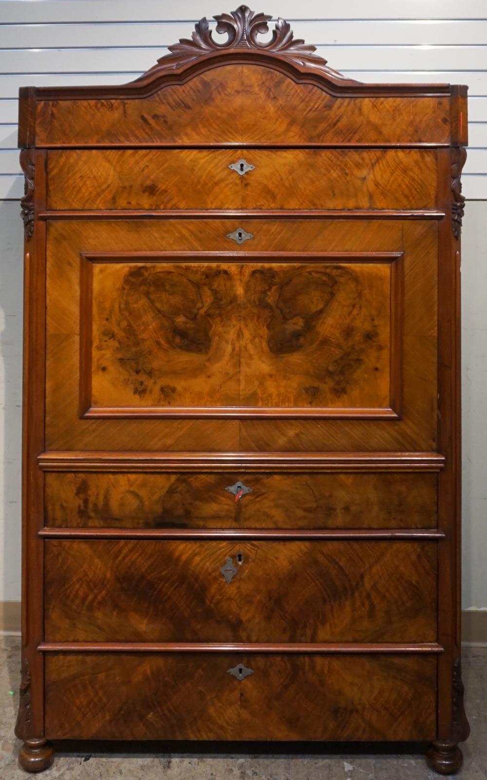 Appraisal: Continental Rococo Style Burl Walnut Secretaire Abattant Probably German Late