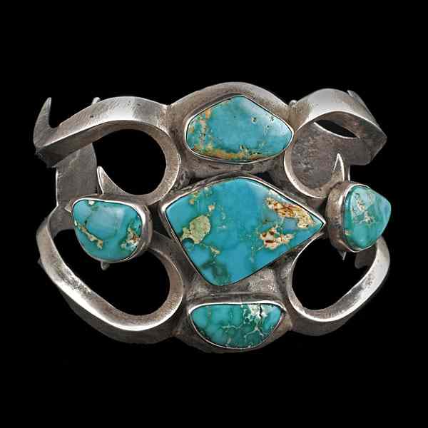 Appraisal: Navajo Tufa-Cast Silver and Turquoise Bracelet baroque Blue Gem stones