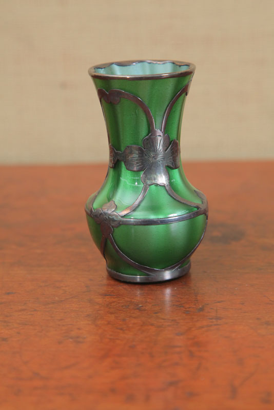 Appraisal: ART NOUVEAU VASE Unattributed Green ribbed body cased in floral