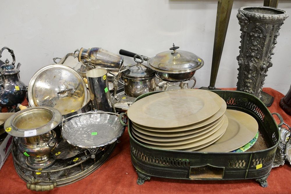 Appraisal: Large group of silver plate and metals trays vases serving