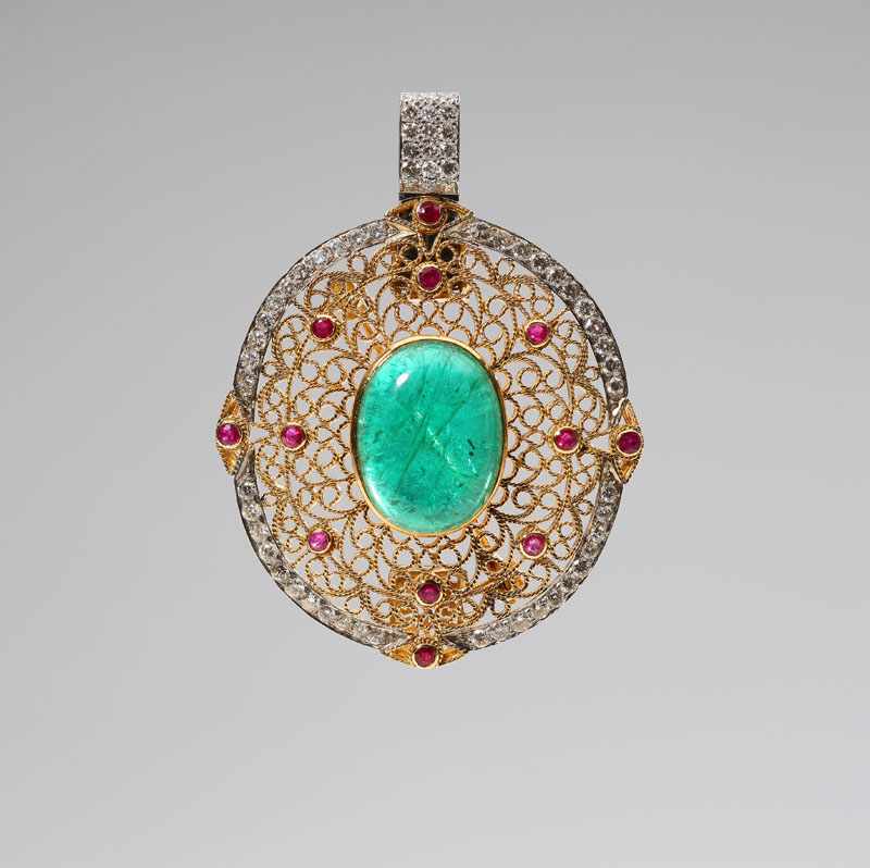 Appraisal: Signed Mia B the filigree pendant-brooch centering a large emerald