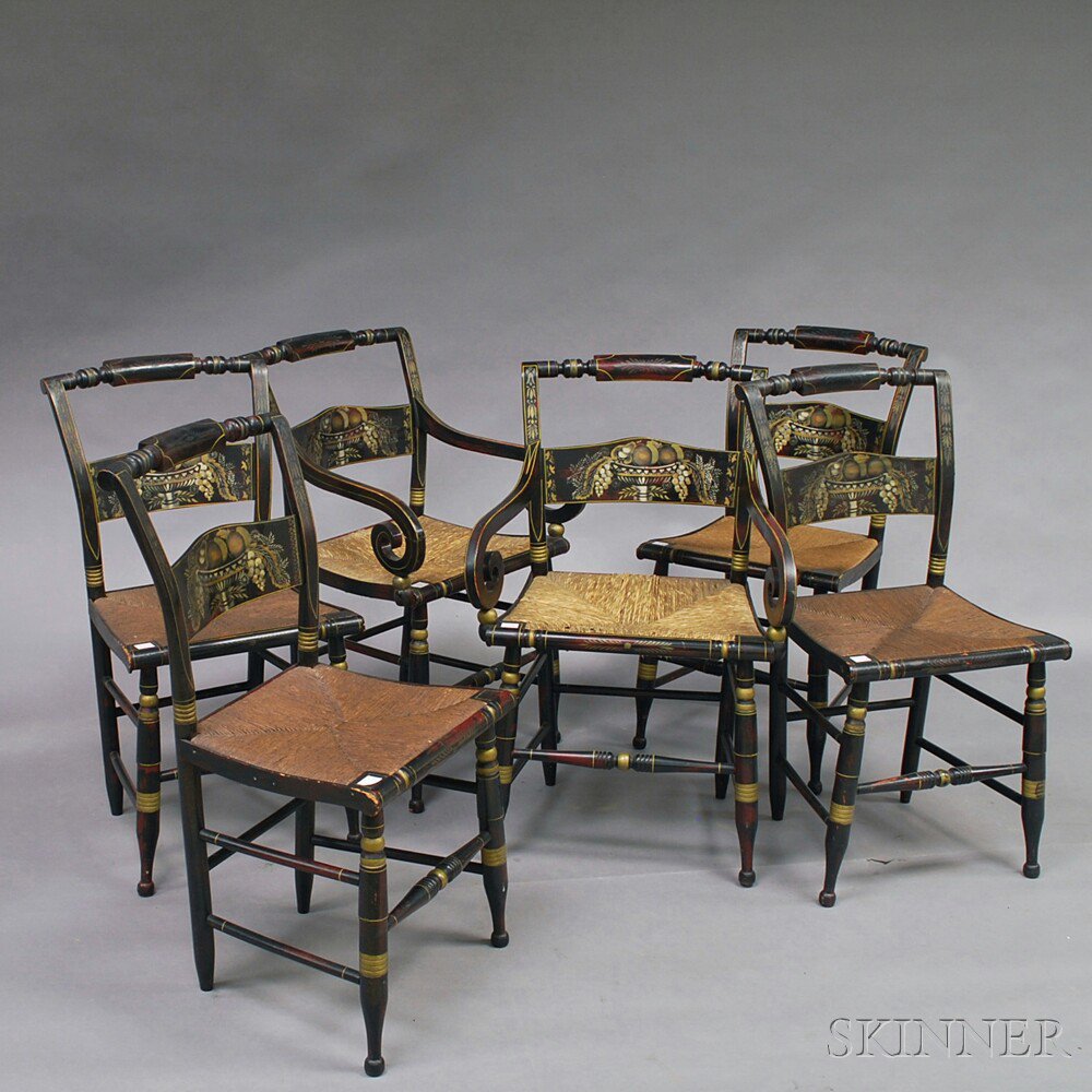 Appraisal: Set of Six Stencil-decorated Rush-seat Hitchcock Chairs the splats decorated