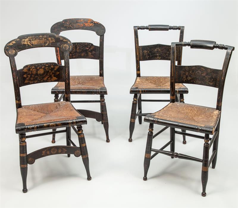 Appraisal: Two Pairs of American Black-Painted and Stenciled Fancy Chairs With