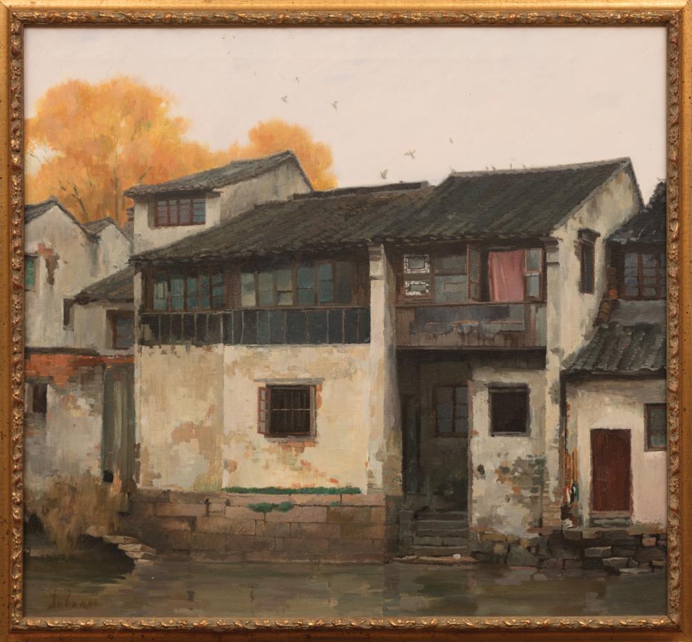 Appraisal: Hao Chinese Mississippi th c Houses in Autumn oil on