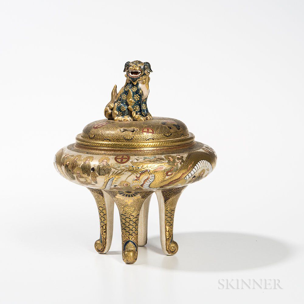 Appraisal: Shimazu Satsuma Four-legged Censer and Cover Shimazu Satsuma Four-legged Censer