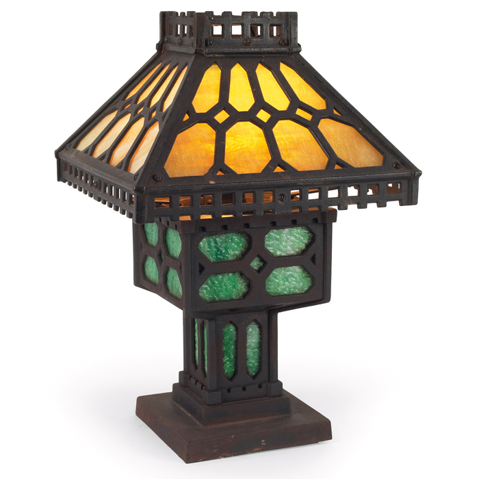 Appraisal: Arts and Crafts table lamp in iron reticulated shade with