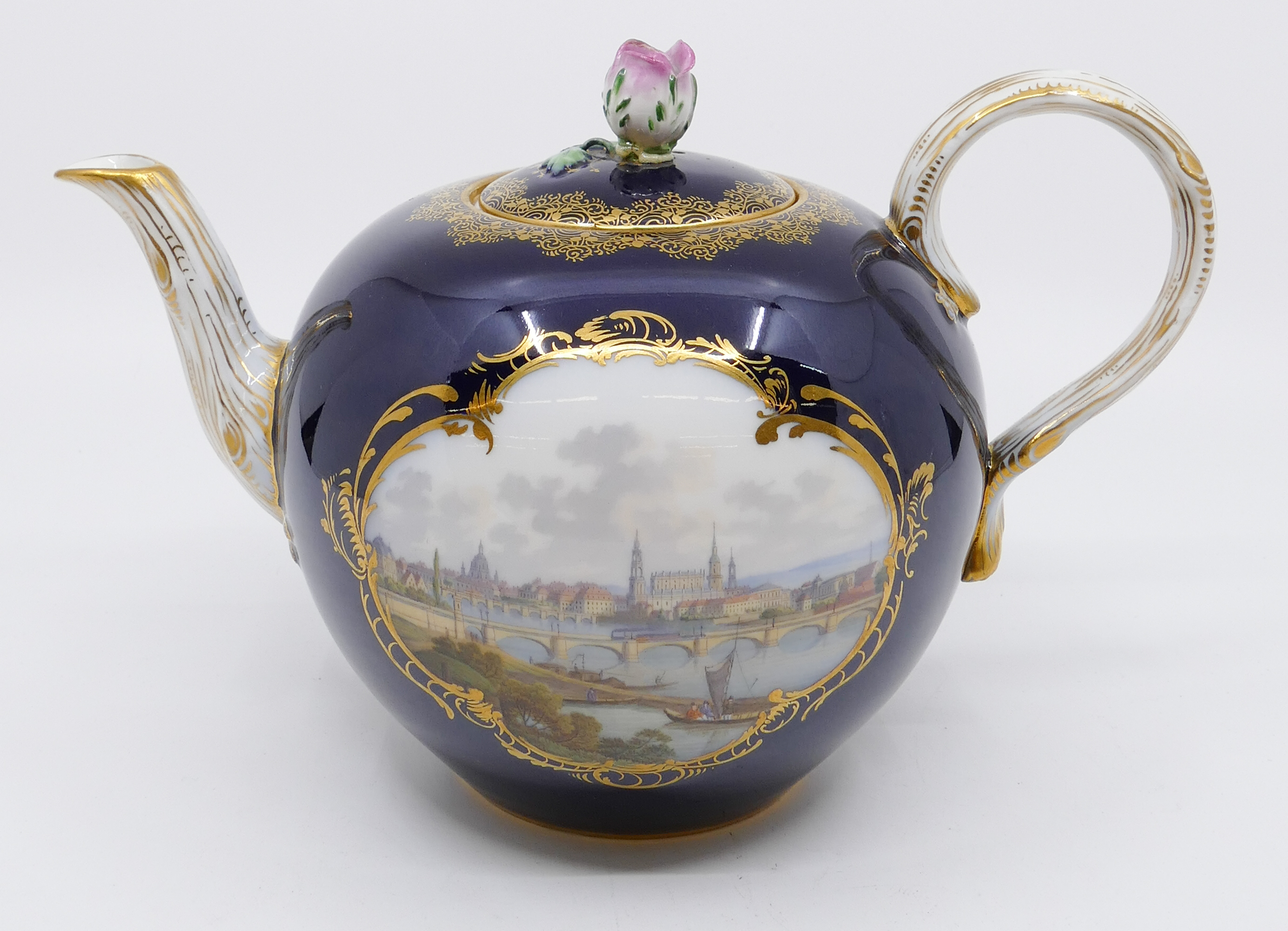 Appraisal: Meissen 'View of Dresden' Handpainted Cobalt Porcelain Teapot Rose finial