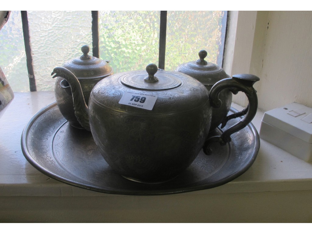 Appraisal: Pewter oriental three piece tea set on tray