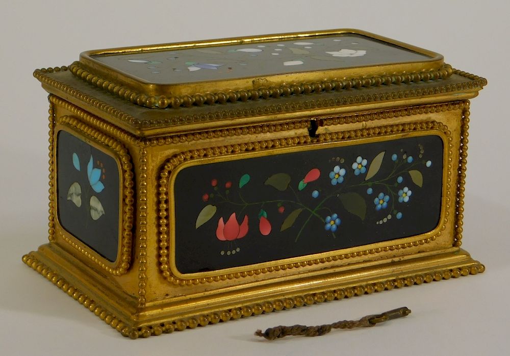 Appraisal: Italian Pietra Dura Gilt Bronze Mosaic Dresser Box Italy Circa