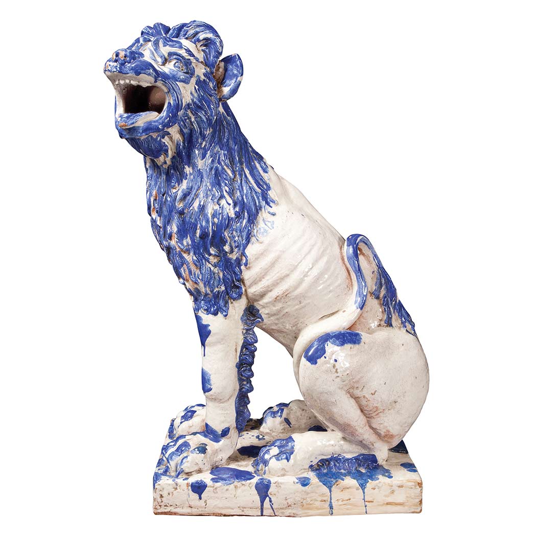 Appraisal: French Faience Blue and White Glazed Lion Luneville th century