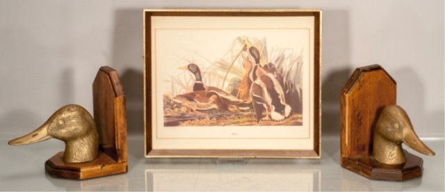 Appraisal: Pair of Brass Duck Head Bookends and Framed Print of