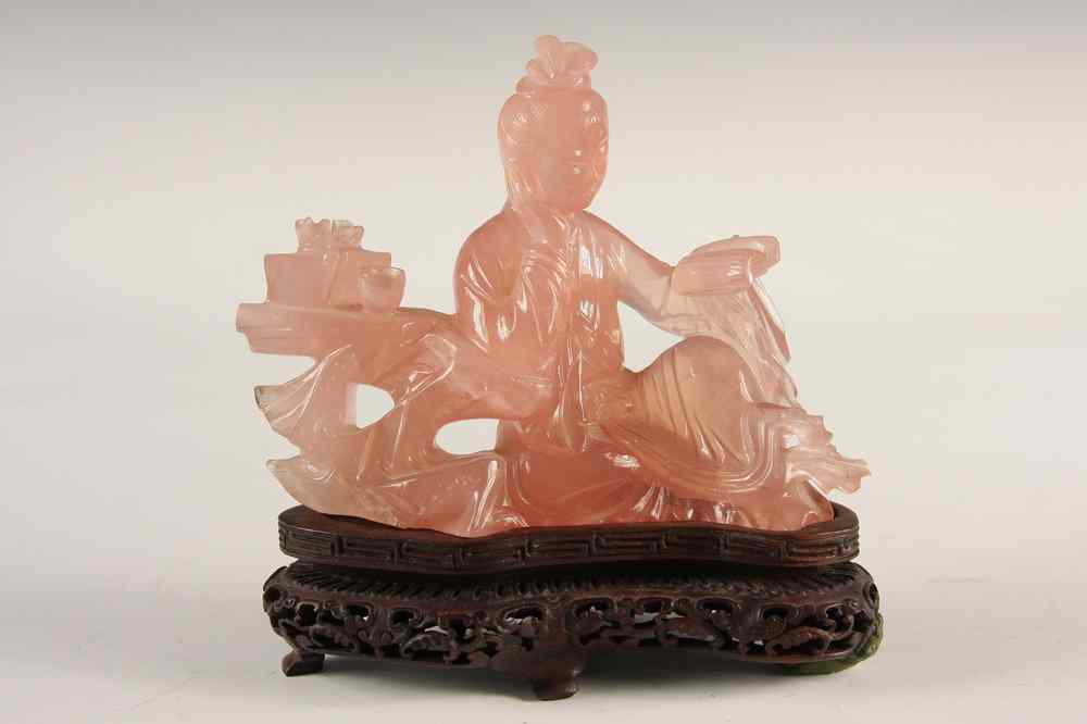 Appraisal: CHINESE QUARTZ FIGURE - Chinese Rose Quartz Figure of woman