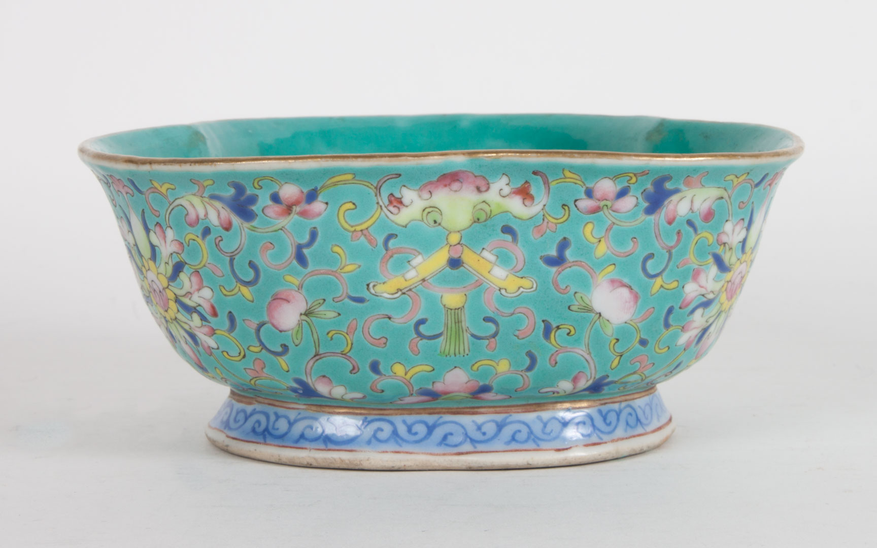 Appraisal: Chinese porcelain triform footed bowl turquoise ground with Famille Rose