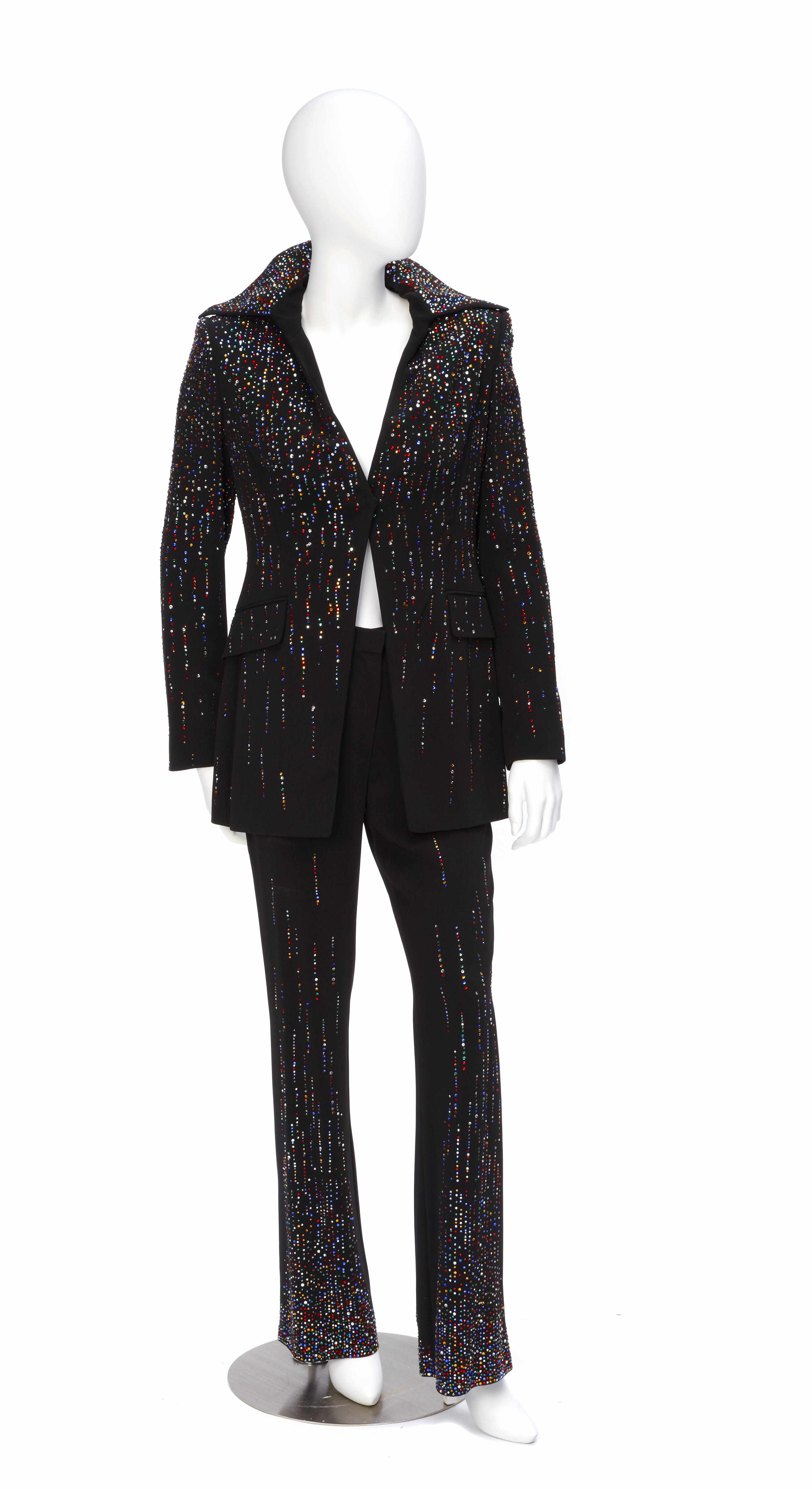 Appraisal: A Moschino black multicolored rhinestone jacket and pant suit both