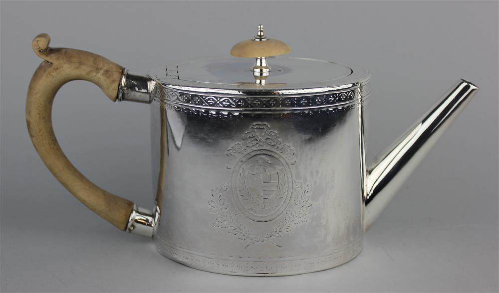 Appraisal: GEORGE III SILVER OVAL TEAPOT London maker's mark for William