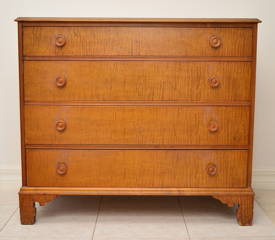 Appraisal: TIGER MAPLE DRAWER CHEST Tiger maple veneer turned wood pulls