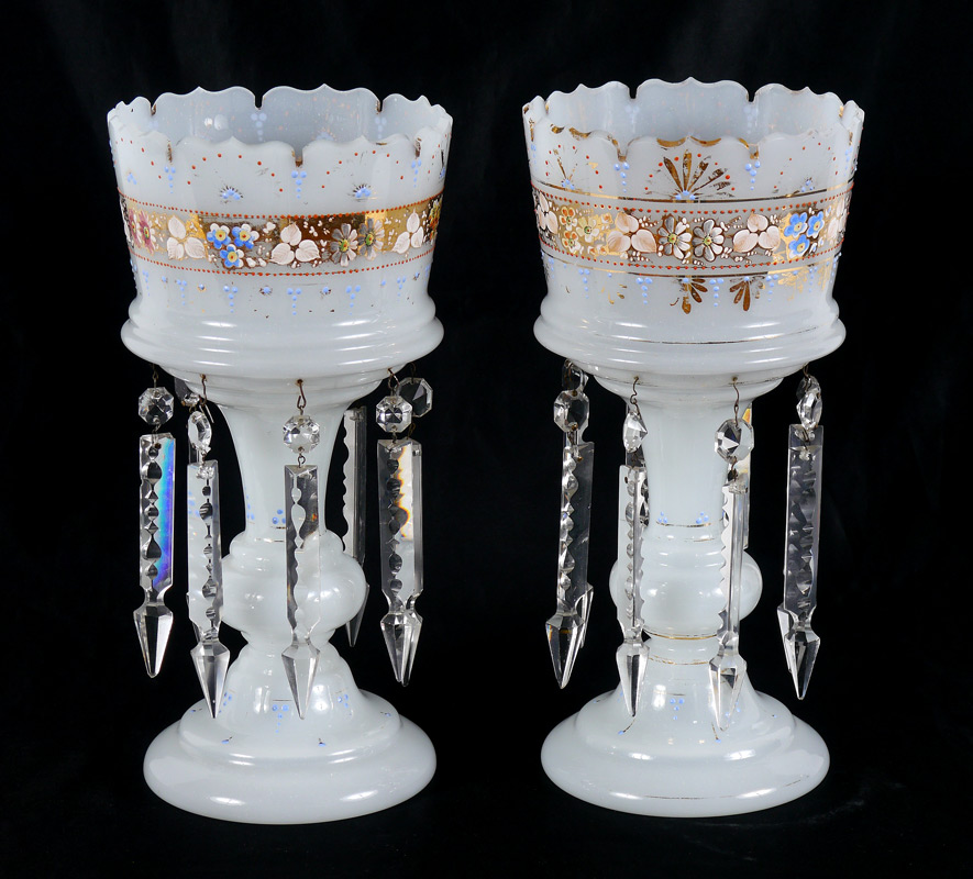 Appraisal: PAIR BOHEMIAN WHITE LUSTRES Shaped rim applied gilt and floral