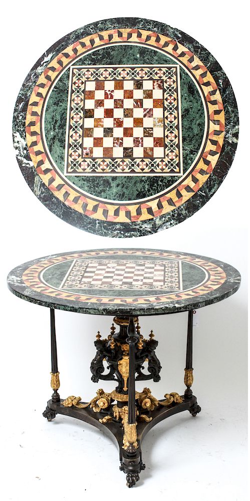 Appraisal: Neoclassical-Style Pietra Dura Marble Games Table Neoclassical style pietra dura