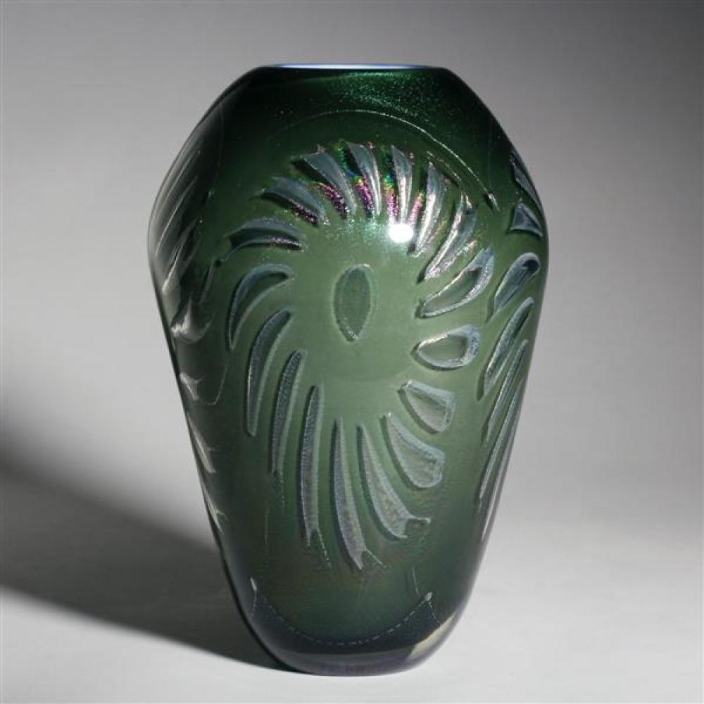 Appraisal: DAVID HUCHTHAUSEN GREEN CASED OVER WHITE AMERICAN STUDIO GLASS VASE