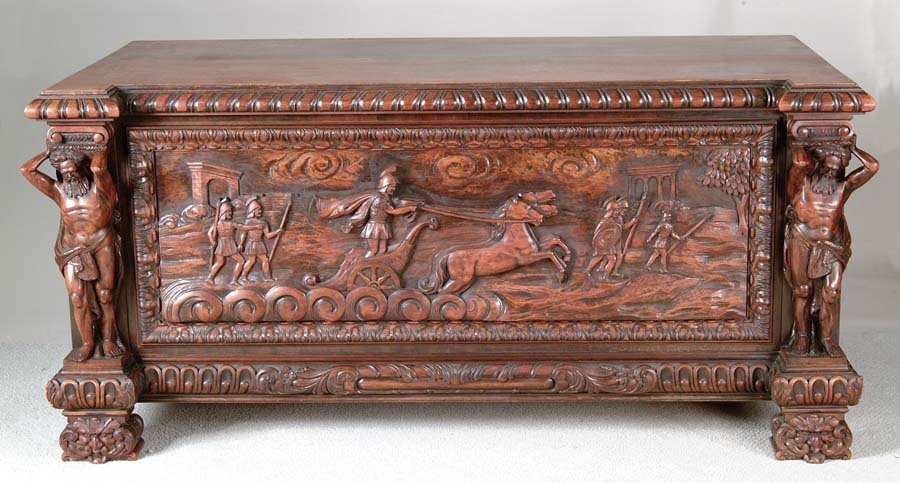 Appraisal: CARVED WALNUT DESK Magnificent carved desk has front panel carved