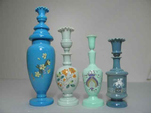 Appraisal: Group of assorted hand blown opalescent rose water bottles From