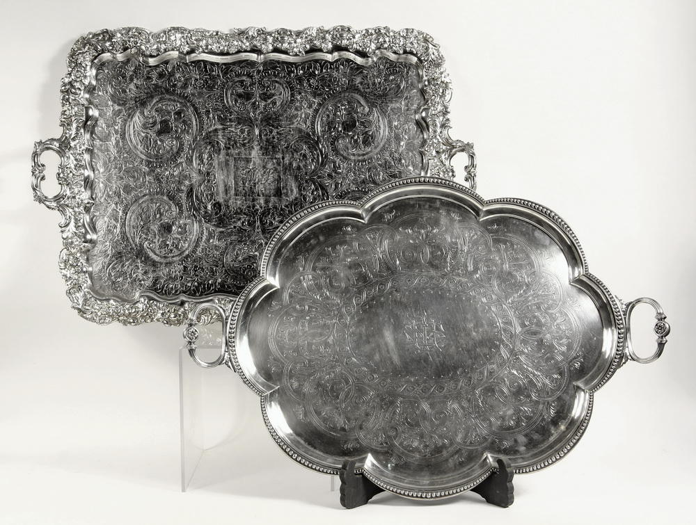 Appraisal: LARGE SILVER PLATE BUTLER'S TRAYS - Both with handles Scalloped