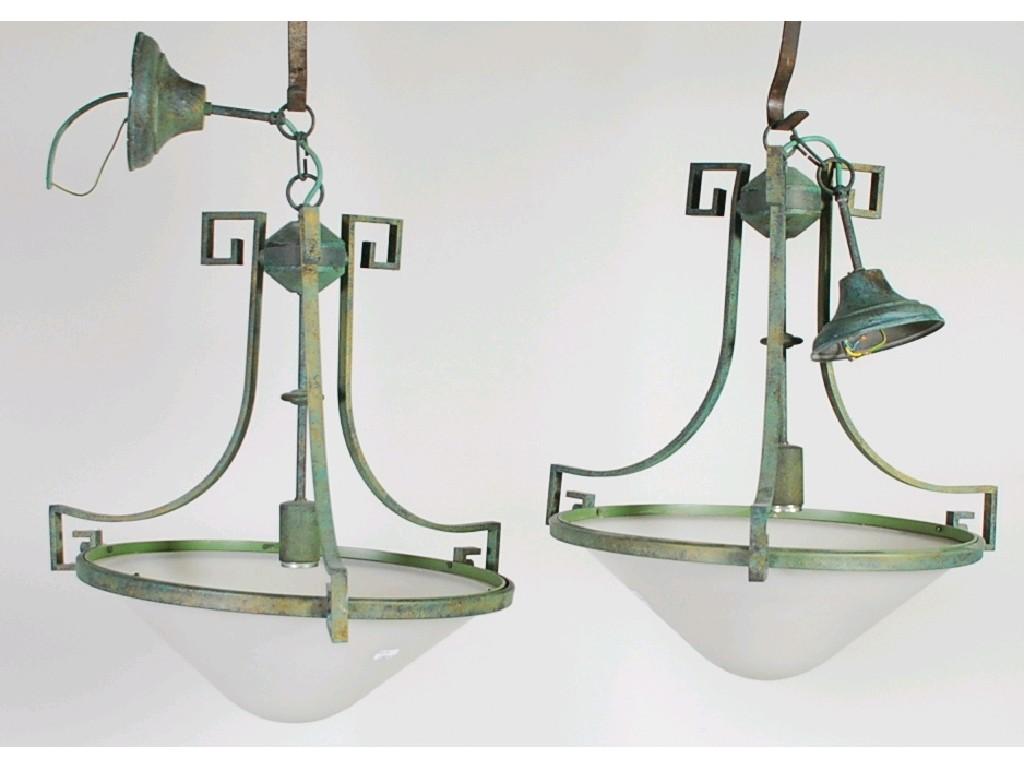 Appraisal: PAIR OF MODERN OXIDISED METAL AND FROSTED GLASS CEILING LIGHTS