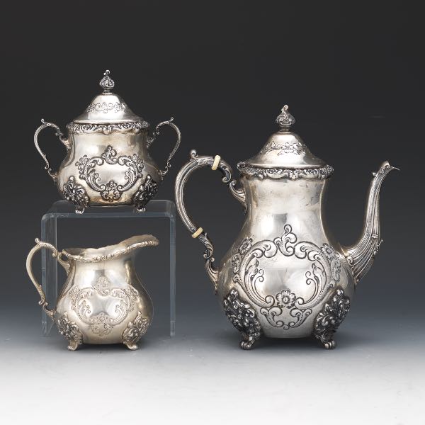 Appraisal: STERLING SILVER POOLE OLD ENGLISH HAND CHASED TEA SET x