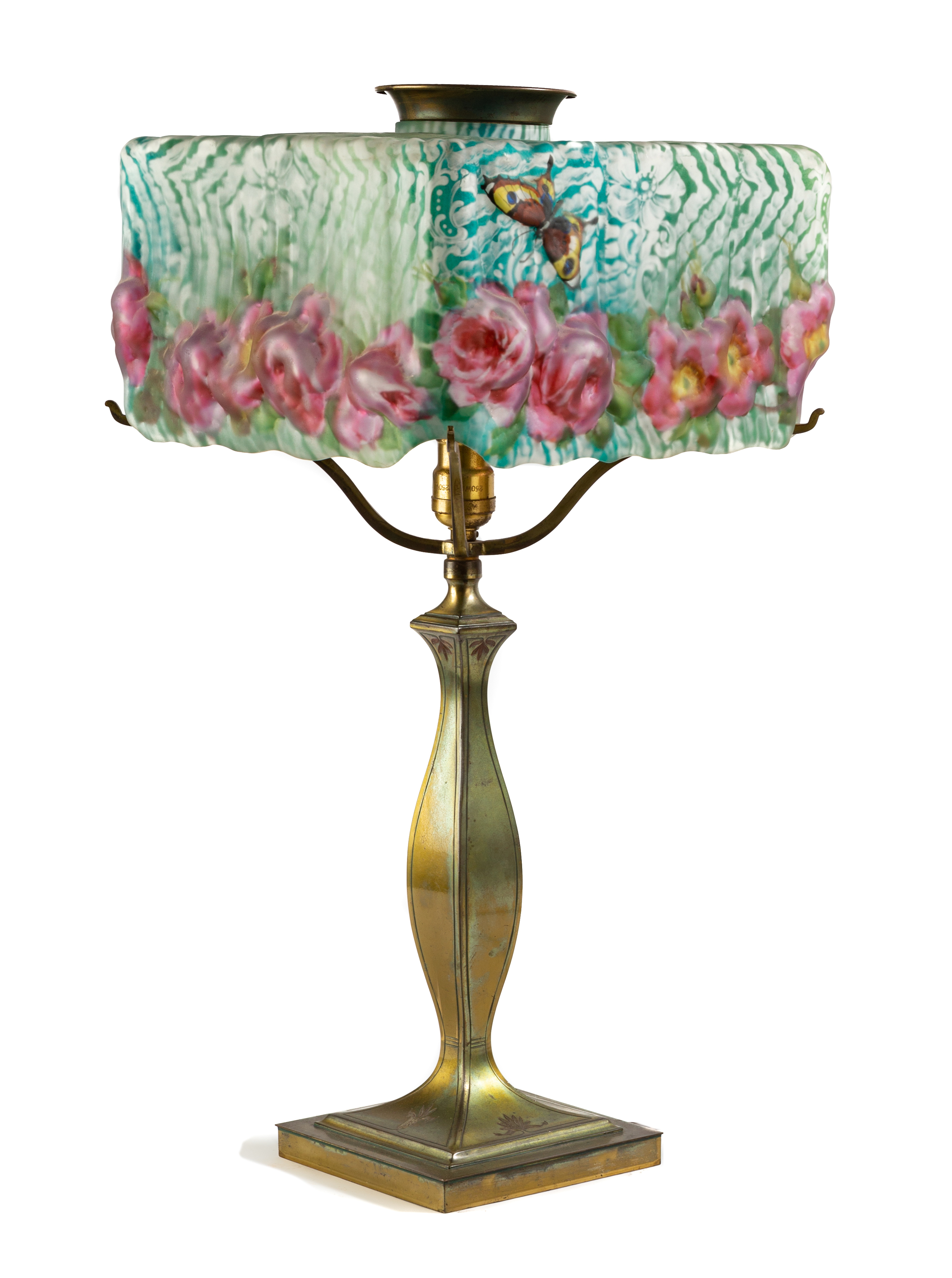 Appraisal: PAIRPOINT PUFFY BUTTERFLY ROSE LAMP Early th century Reverse painted