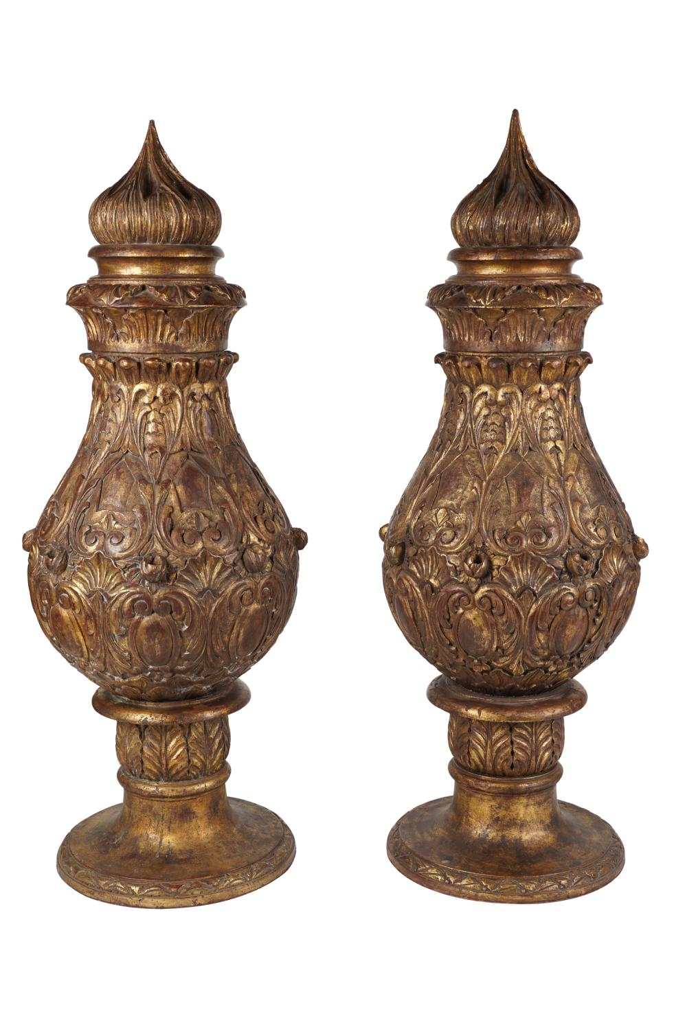 Appraisal: PAIR OF LARGE CARVED GILTWOOD FINIALSCondition variations in gilding separation