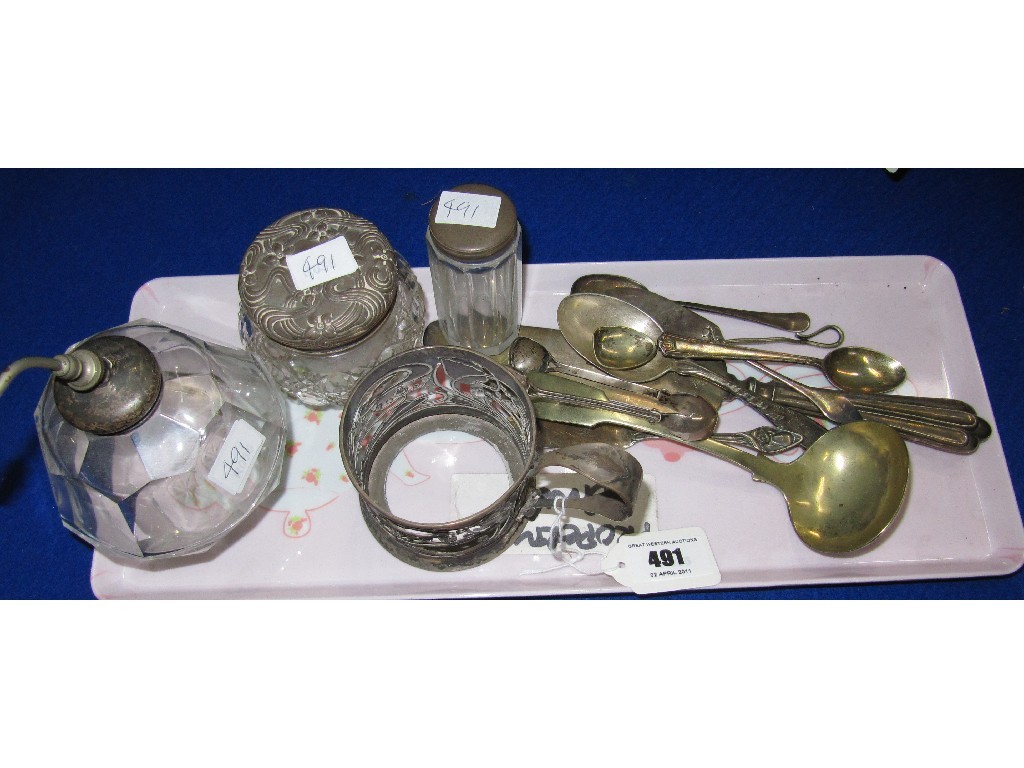 Appraisal: Lot comprising silver cup holder scent bottle jars loose cutlery