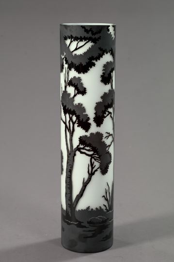 Appraisal: Elegant French Black and Charcoal-over-White Cameo-Cut Glass Vase of tall