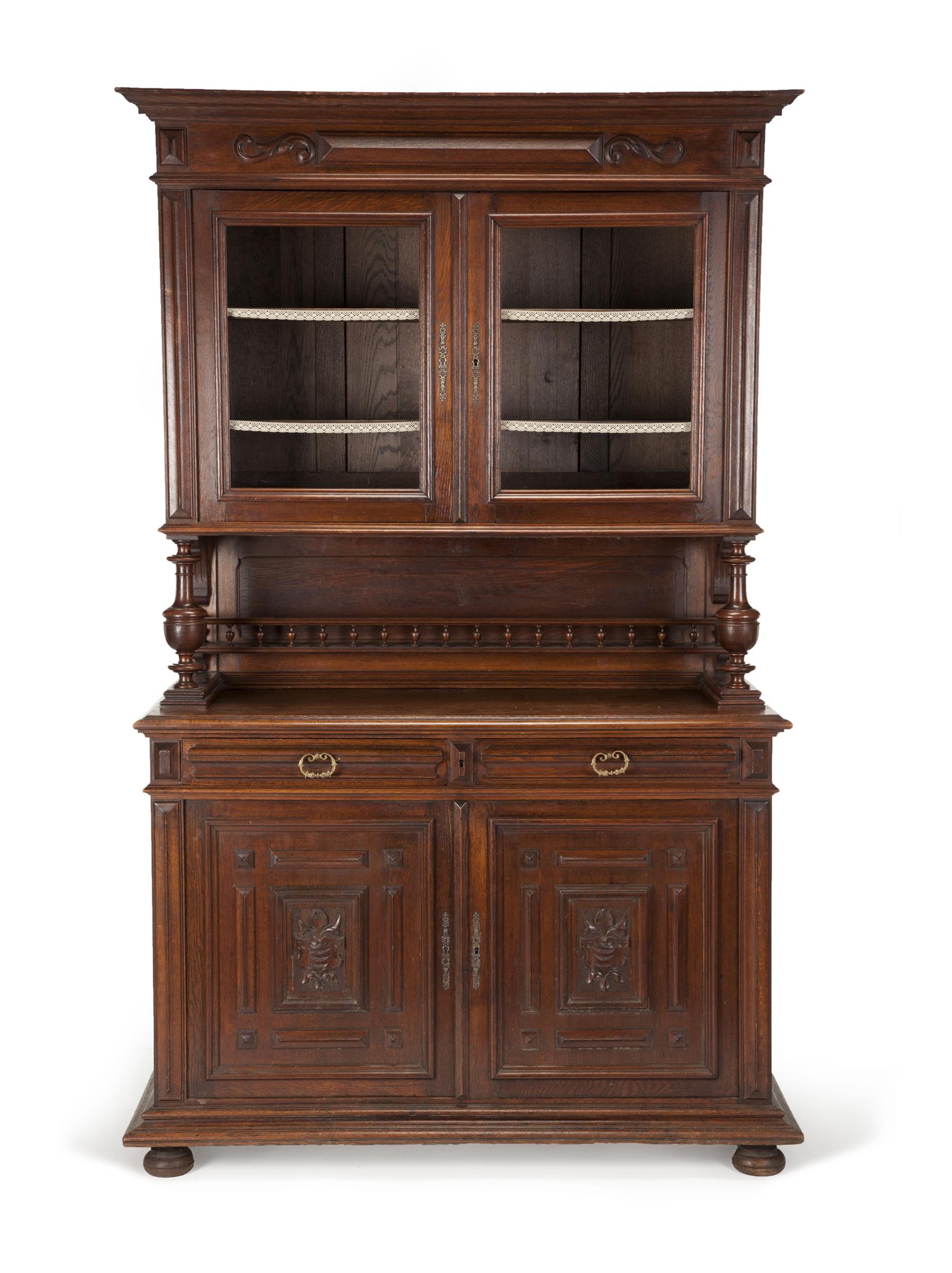 Appraisal: CONTINENTAL COURT CUPBOARD Late th-early th century oak Three-piece cupboard