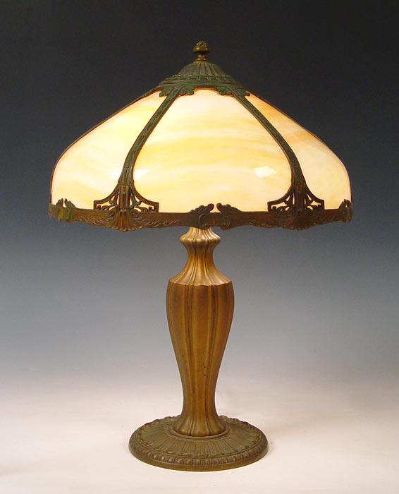 Appraisal: VINTAGE CARAMEL SLAG GLASS TABLE LAMP Six bent panels original