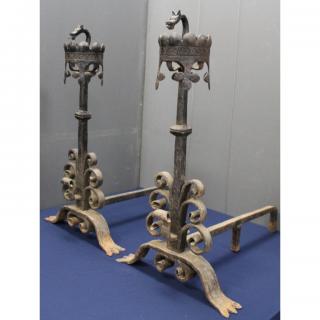 Appraisal: Antique Wrought Iron Figural Andirons Antique Wrought Iron Figural Andirons