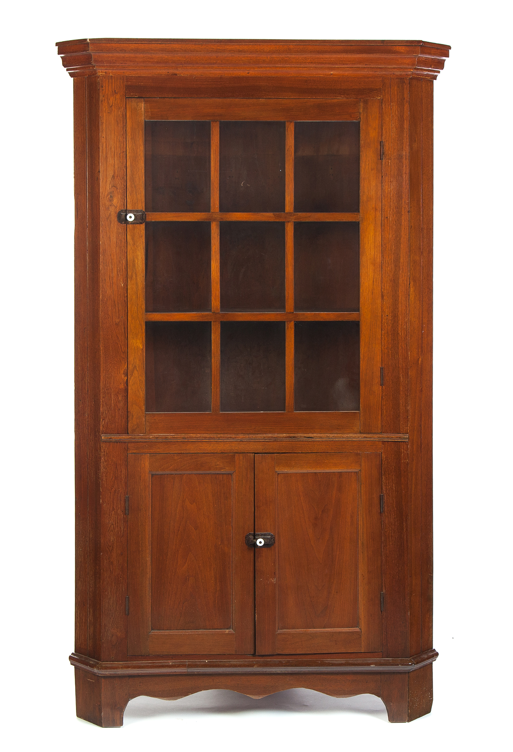 Appraisal: AMERICAN CORNER CUPBOARD Mid th century walnut with poplar secondary