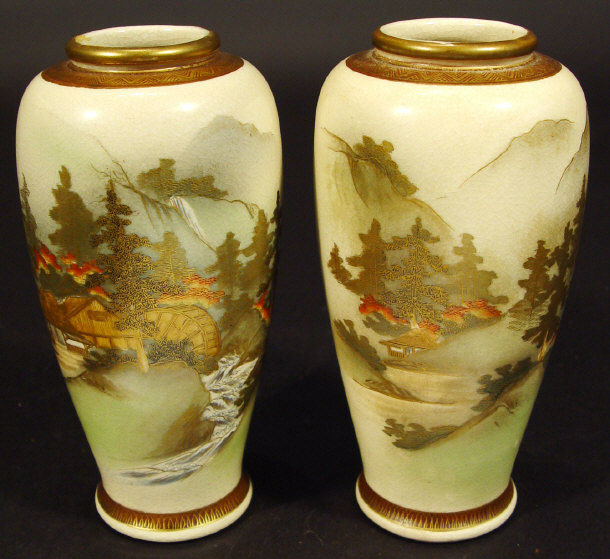 Appraisal: Pair of Japanese Satsuma pottery shouldered baluster vases each hand