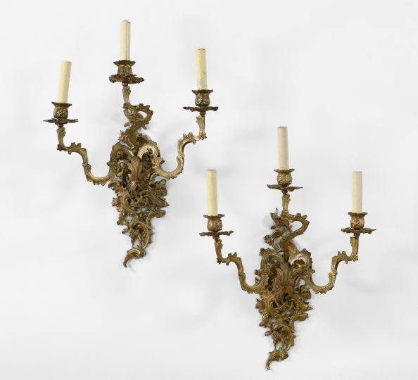 Appraisal: Pair of French Gilded Brass Three-Light Appliques fourth quarter th