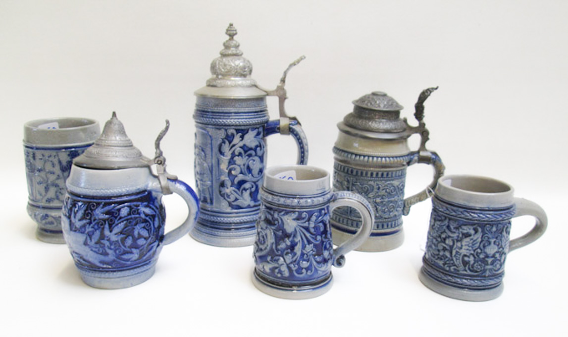 Appraisal: SIX GERMAN BLUE SALT GLAZED DRINKING VESSELS including three with