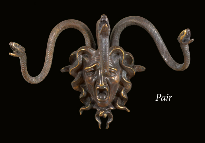 Appraisal: Dramatic Pair of French Bronze-Patinated Brass Medusa-Masque Plaques in the