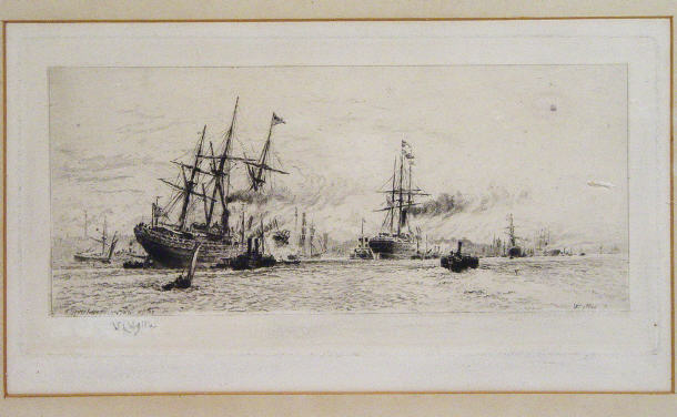 Appraisal: W L Wyllie- Pencil signed engraving of ships in the