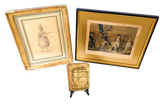 Appraisal: Two framed prints and an illustrated primer Napoleon depicts the