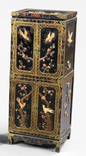 Appraisal: Chinese Polychromed Parcel-Gilt and Soapstone-Decorated Black Lacquer Cabinet having four