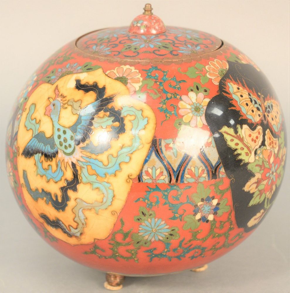 Appraisal: Japanese cloisonne enamel ball covered jar decorated with butterflies and