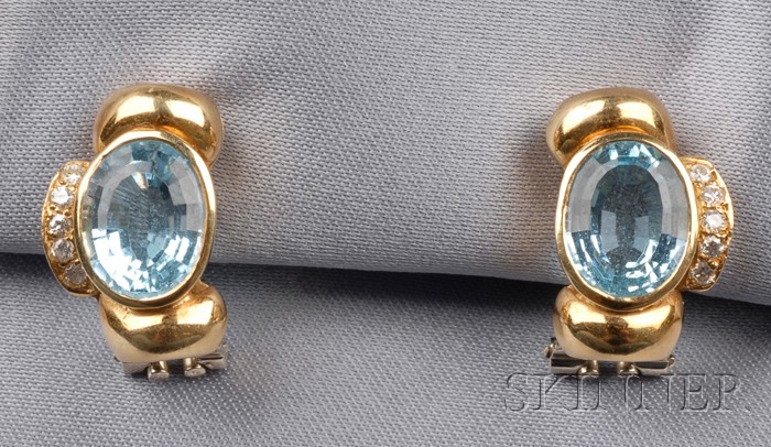 Appraisal: kt Gold Blue Topaz and Diamond Earclips Italy bezel-set with